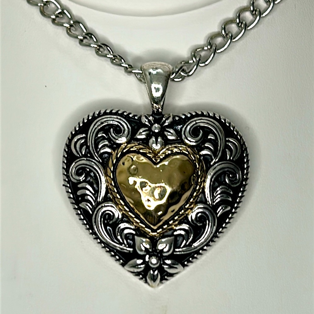 Handmade “My Country Heart” Two Tone Stainless Steel Necklace Floral Scroll Boho